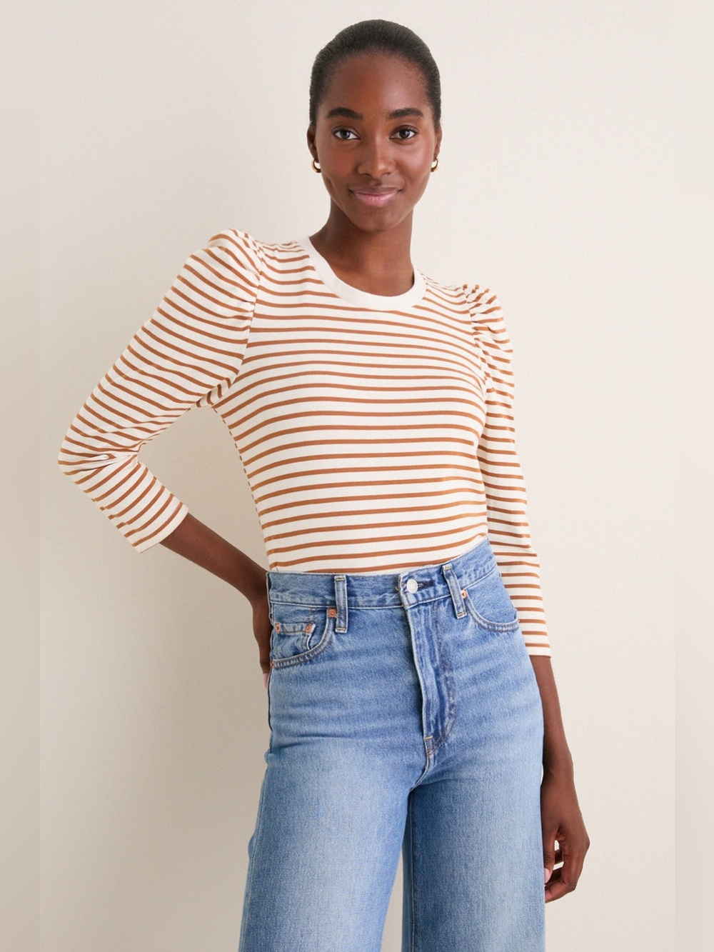 Tuckernuck. Pomander Place. Tan Striped Vesty Long Sleeve Crewneck. Size Small.